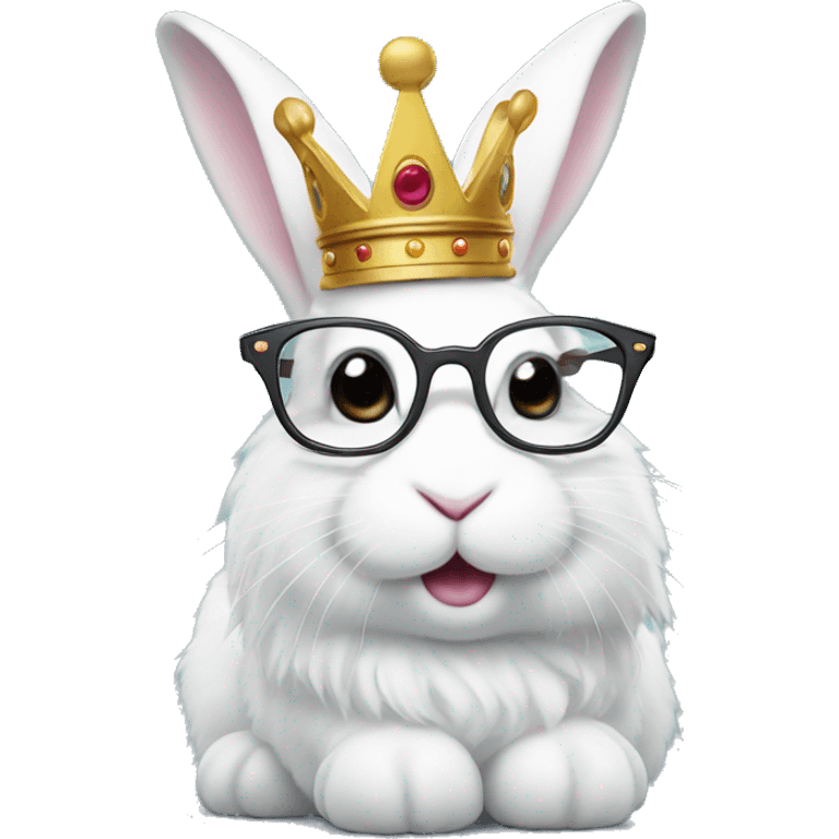 super fluffy white bunny with glasses wearing a crown emoji