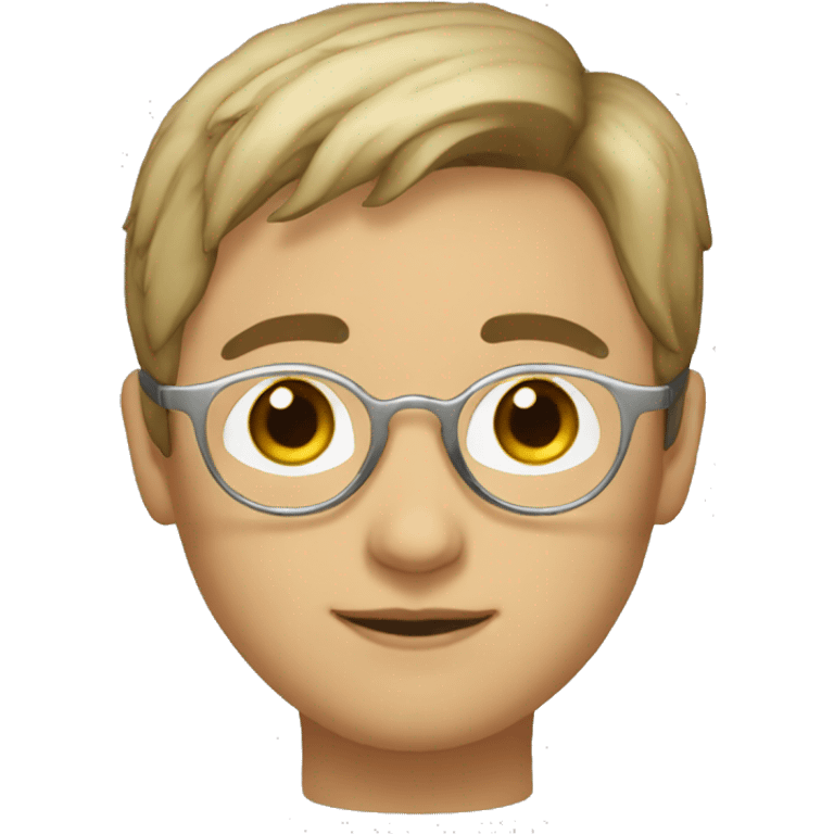 Short dark blond hair, dark eyes, round silver glasses, round nose emoji