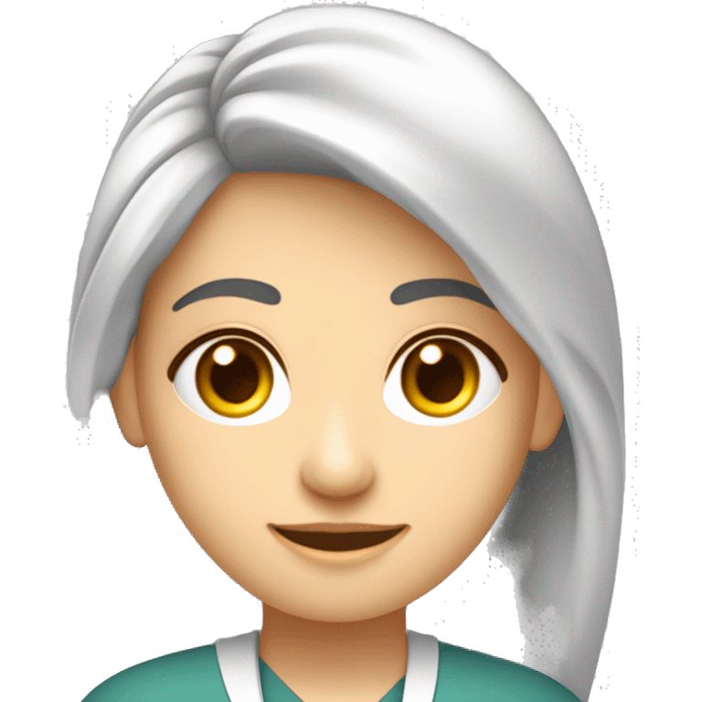 Crea un avatar de medio cuerpo de una nutricionista morena con ojos grandes y de color gris, cara fina, pelo rubio y largo, ojos grises, uniforme blanco, no incluí ningún elemento médico  emoji