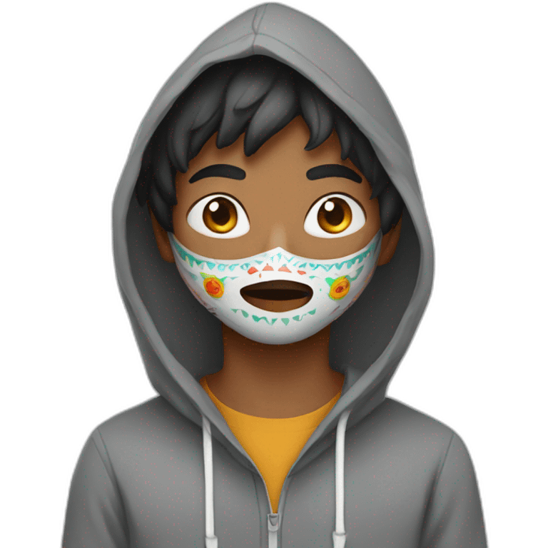 indian boy in grey hoodie with carnival mask emoji