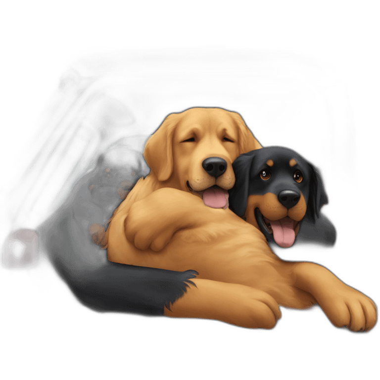 A rottweiller hug A Golden retriever in a truck emoji