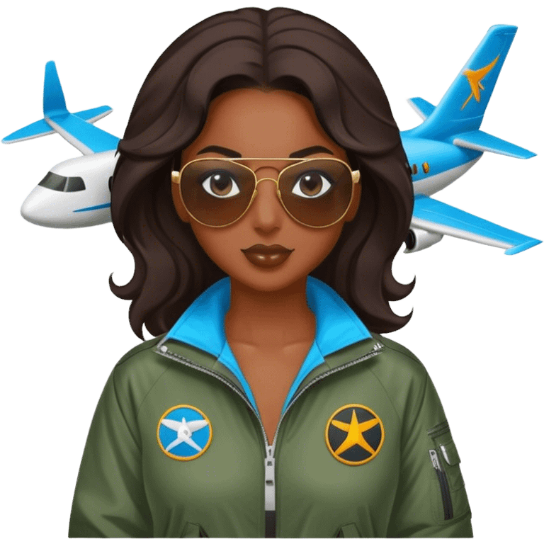 Hot black chick with aviator, sunglasses and airplane windbreaker emoji