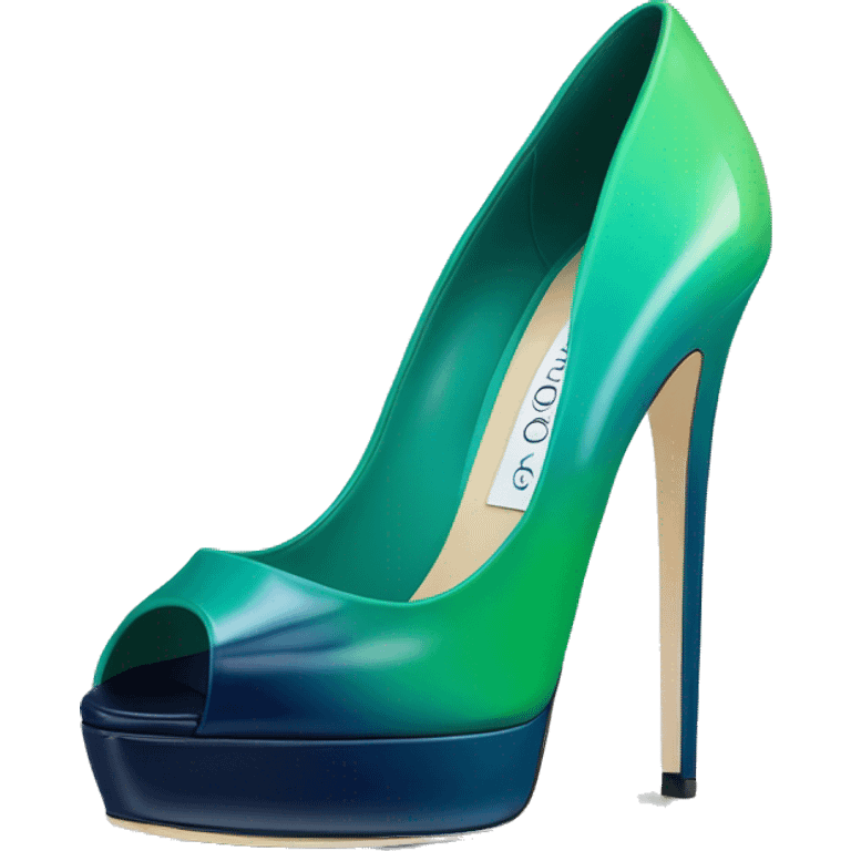 Realistic isolated top view of a pair of emerald green,sky blue,mint green,lime green and navy blue ombre Jimmy Choo peep toe stiletto shoes. emoji