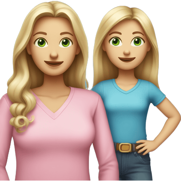 mother with long light brown and green eyes plus daughter with long dirty blonde hair and blue eyes, both with “pink shirts” emoji