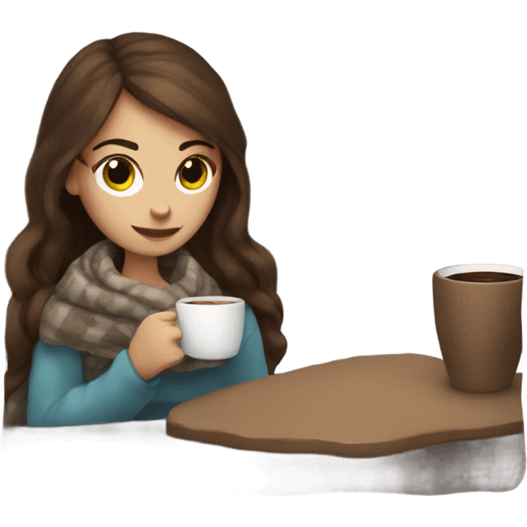 Brown hair Girl drinking coffee, with a cozy blanket emoji