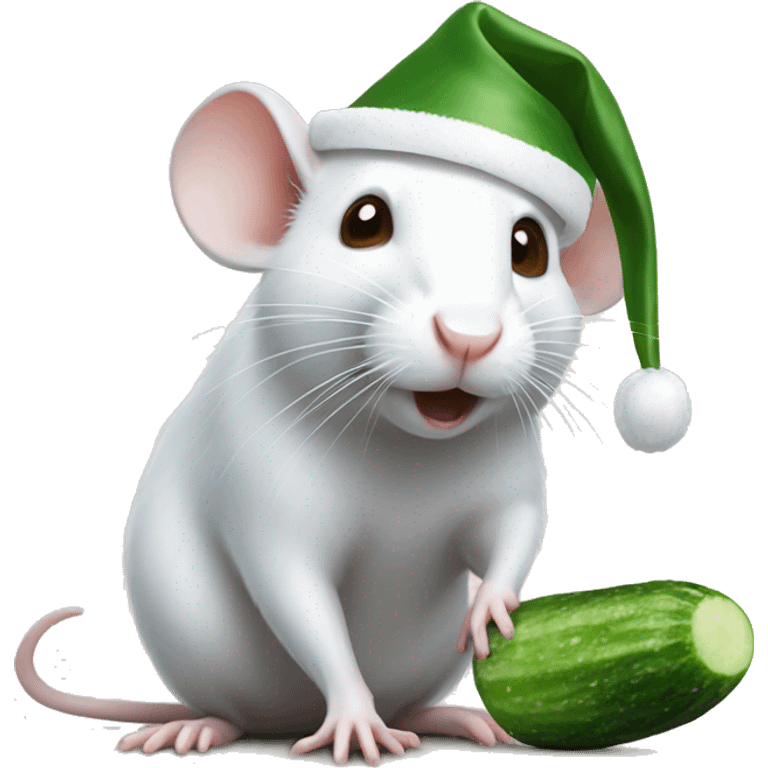 White rat with brown eyes eating a cucumber in a santa hat emoji