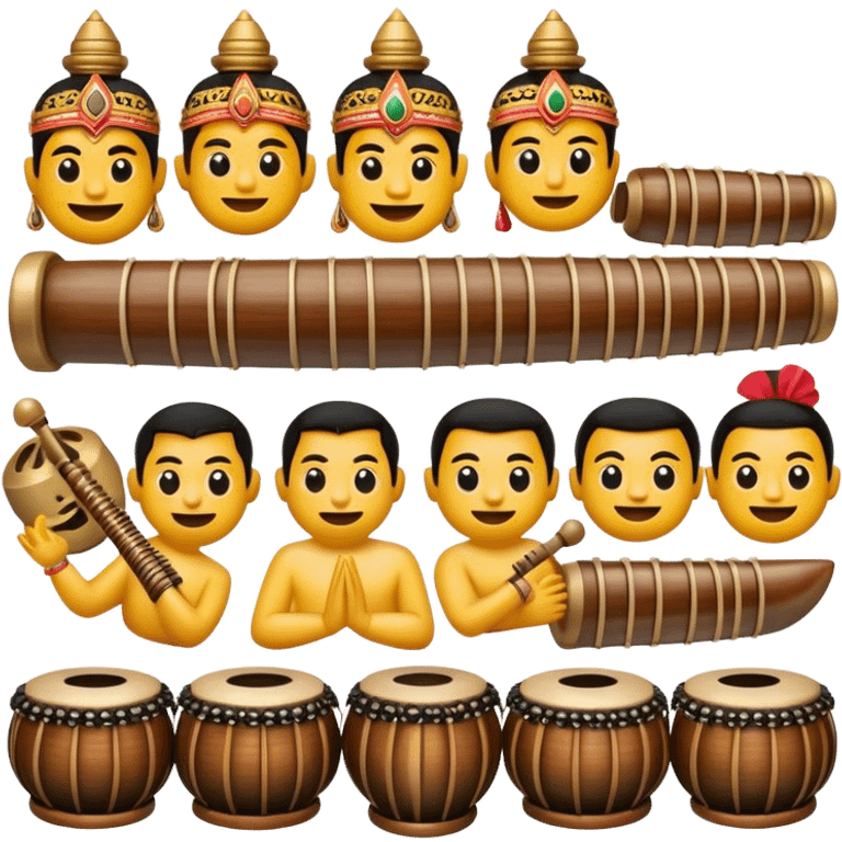 Cinematic Realistic Gamelan Pop Culture Emoji, depicted with an ensemble of traditional Indonesian instruments rendered with rich textures and rhythmic, cultural lighting. emoji