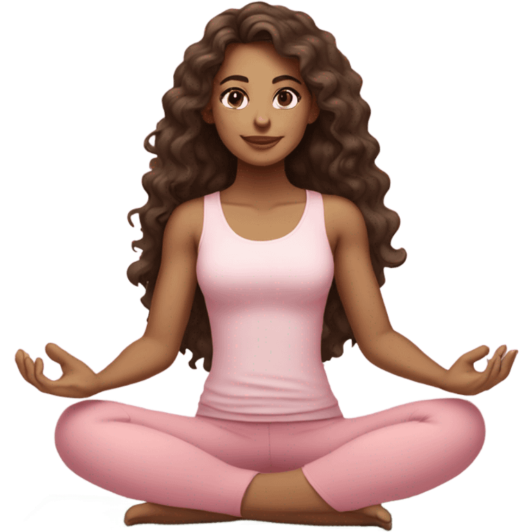 Dark brown long curly hair and green eyes yoga beautiful young woman in light pink pink pink clothes sitting on a yoga mat emoji