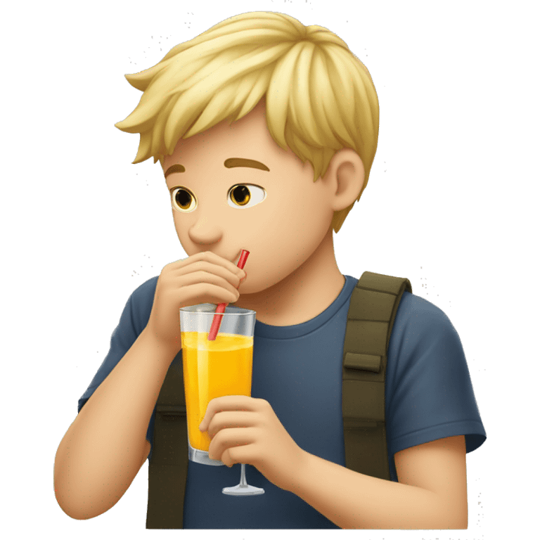 A blonde boy sucking or drinking juice with a straw while his hand is holding the drink, profile view emoji