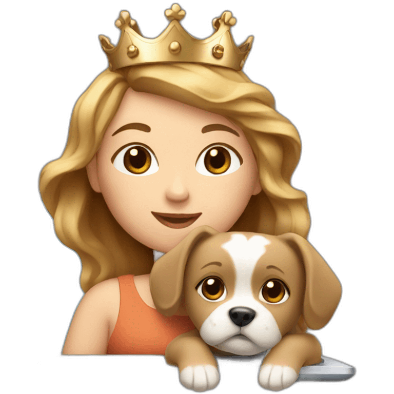 girl with blue eyes and light brown hair. With a crown and a dog and a laptop. emoji