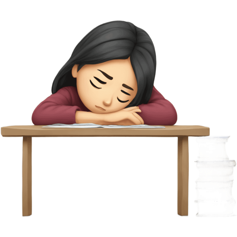 tired asian girl student struggling with final exam and assignments emoji