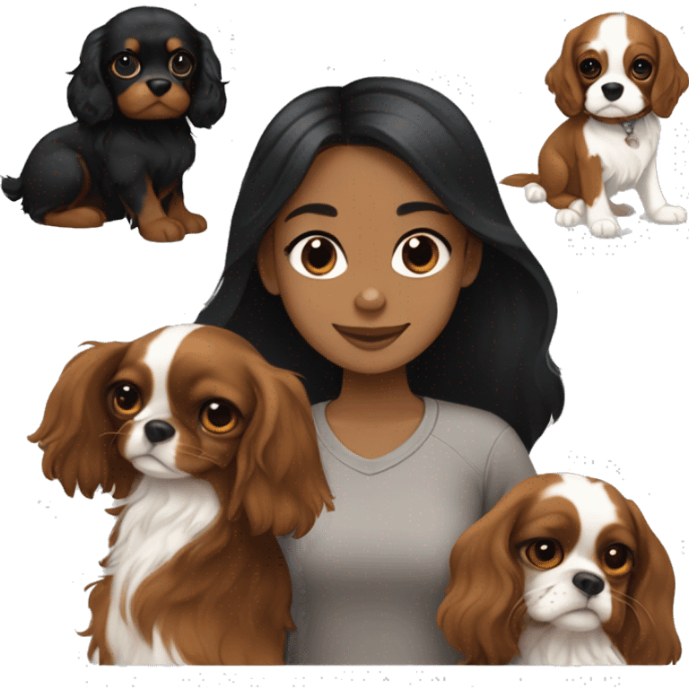 girl with black hair, and light skin, hugging two black and brown cavalier king charles spaniel  emoji