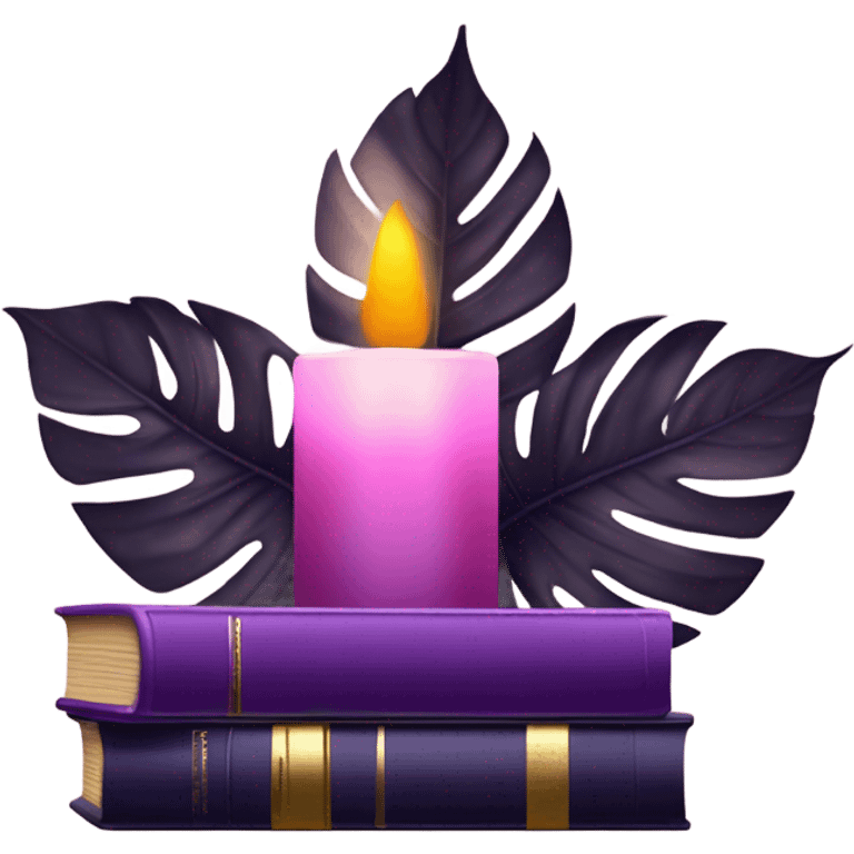 An elegant still life featuring a stack of light and dark violet books, a pink monstera plant, and a brass candle holder. emoji