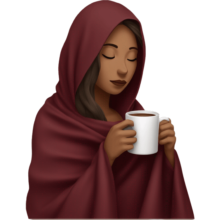 Brunette girl inside a maroon blanket sipping coffee eyes closed emoji