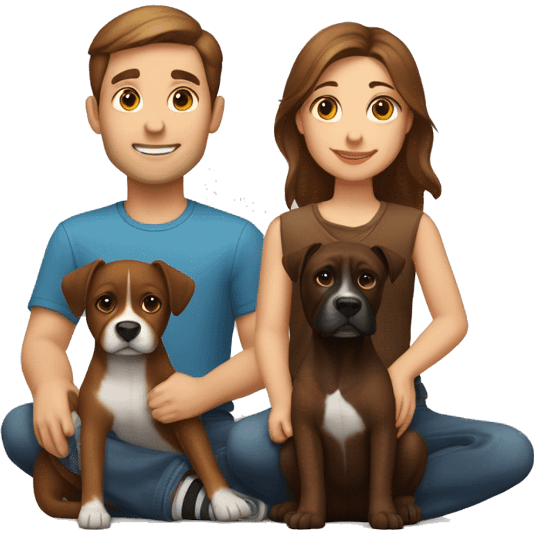 a girl with brown hair, and a man with short brown hair, sitting with two dark brown boxer dogs emoji