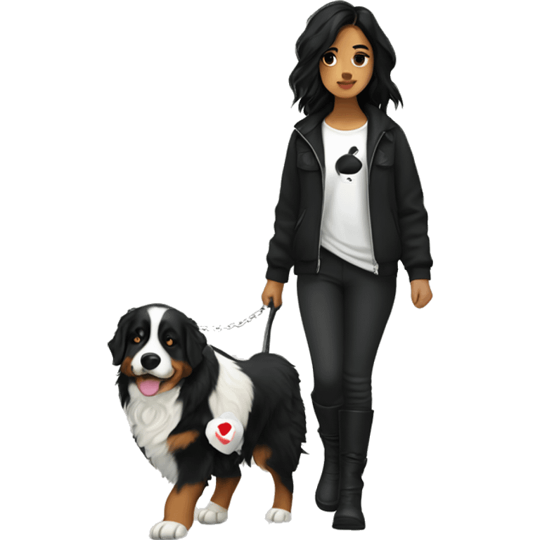 Girl with black hair and tattoos in black dress and black boots walking a Bernese mountain dog  emoji