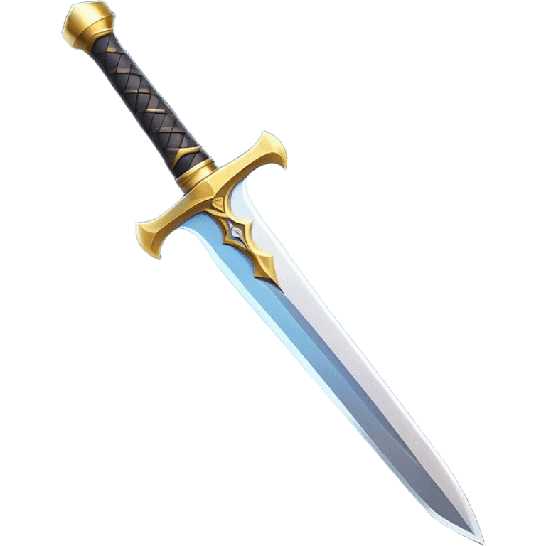 Clash of Clans aesthetic: Cinematic Playful Sword Emoji, rendered in a 3D vector-style similar to standard emojis with minimal shading and bold, simplified shapes. A compact, isometric blade with a gleaming, intricately designed hilt and a razor-sharp edge, softly glowing with a heroic, battle-ready charm. Simplified yet unmistakably iconic, highly detailed and consistent, glowing with a soft radiant brilliance and high shine. Stylized with a touch of medieval finesse and a soft glowing outline, capturing the essence of a legendary sword with a friendly, playful vibe! emoji