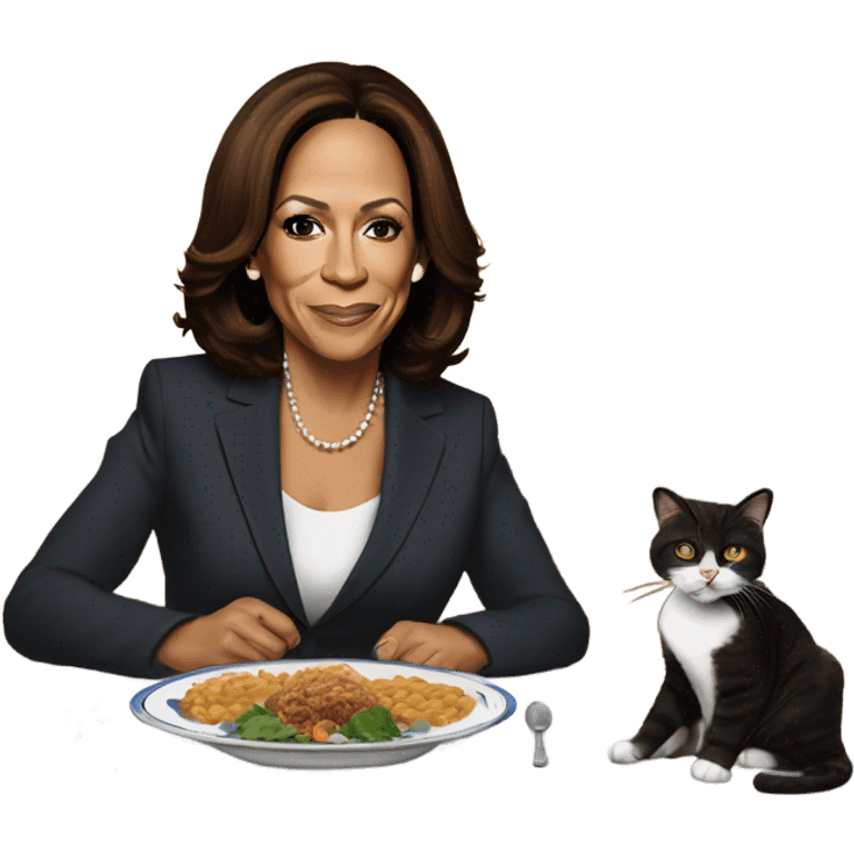 Kamala Harris sitting a a table. There is a plate on the table with a sleeping cat. Kamala has silverware in her hand and her mouth is watering emoji