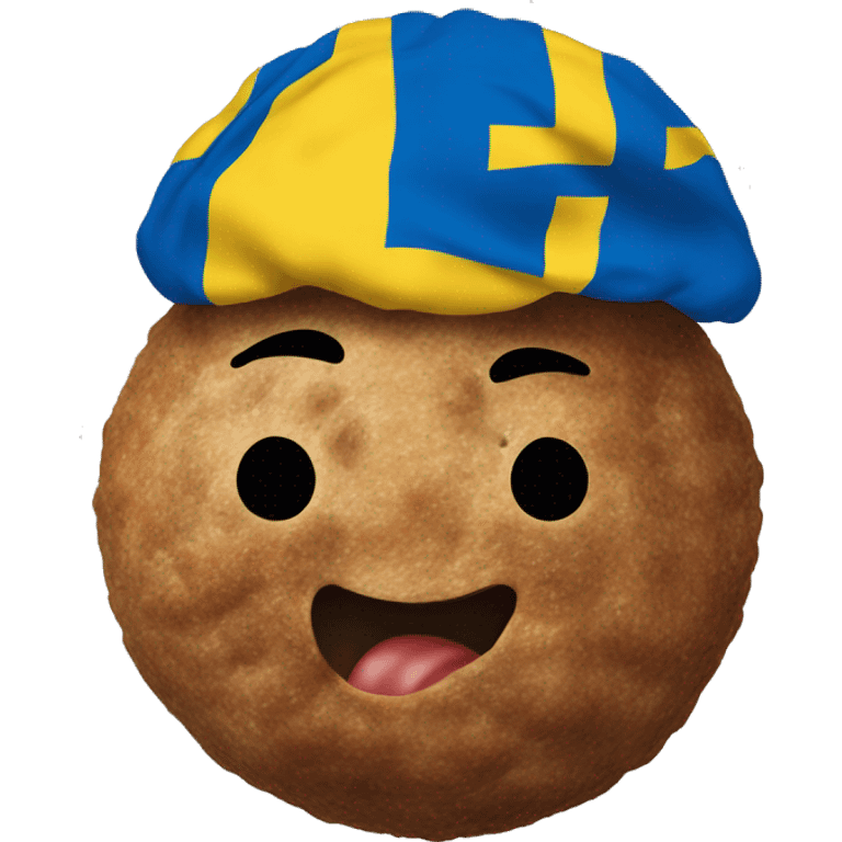 "Create an emoji of a meatball covered by the Swedish flag, clearly showing both the meatball and the blue and yellow flag." emoji