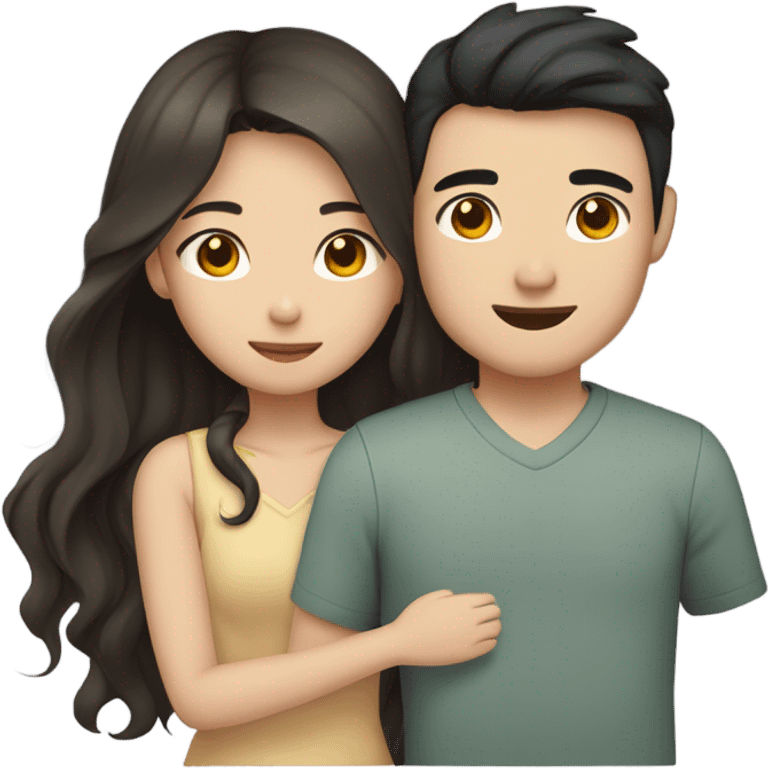 A cute Asian couple hugging each other very tight. The girl has long dark wavy hair and pale skin and dark hazel eyes, the Man has short dark straight hair and bright amber eyes and is pale emoji