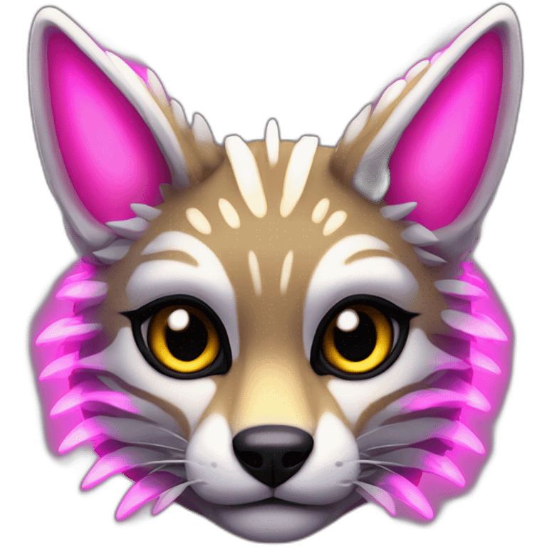 Coyote ocelot with grey and black fur and phoenix wings and pink ears half skeleton, neon lights emoji