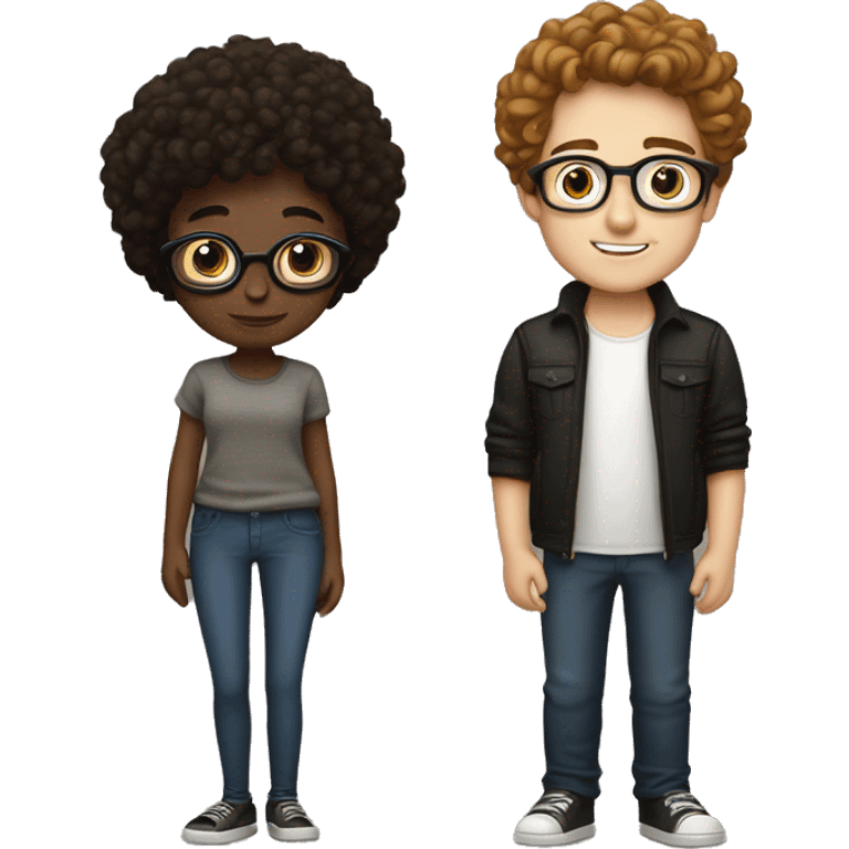 Couple of boyfriends, girl with brown hair with black glasses white skin, boy with curly brown hair white skin emoji