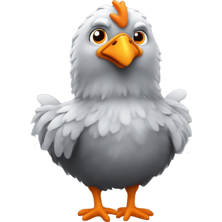 gray, fluffy chicken, with white beak and orange eyes emoji