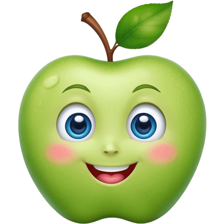 A cute green apple with a big smile and blue expressive big eyes emoji