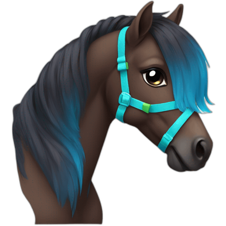 Petite dark-brown pony with vibrant multicolored bows, blue halter, calm emoji