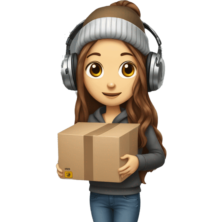 skinny young lady, long brown hair with beanie and big headphones holding a box emoji