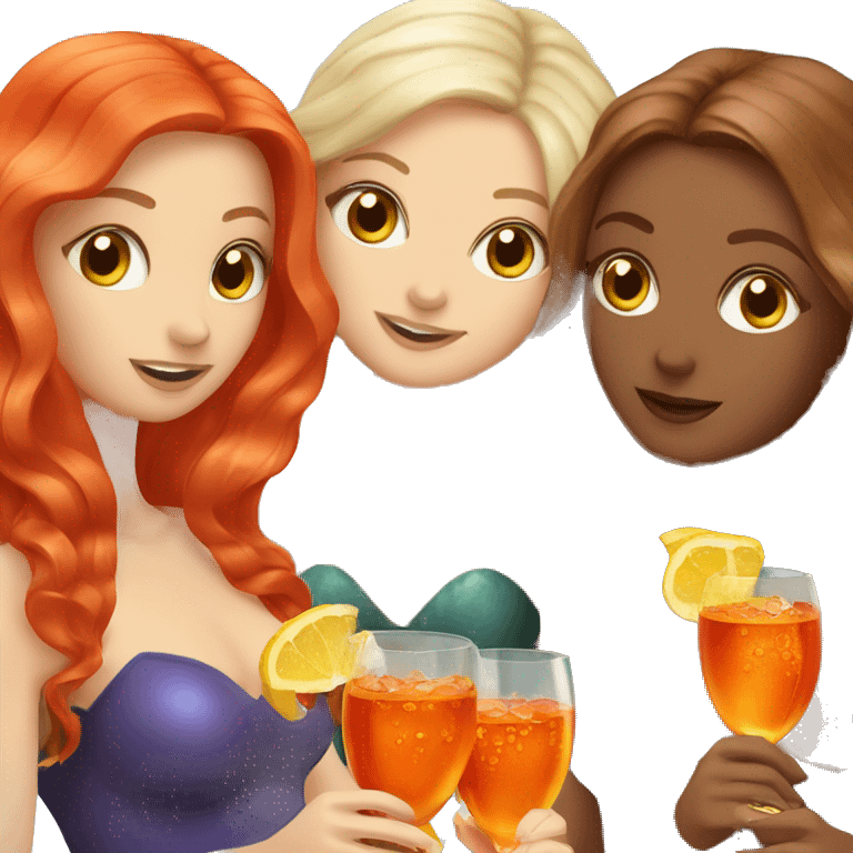 Three beautiful mermaids (one blond, one brown and one red hair) drinking aperol emoji