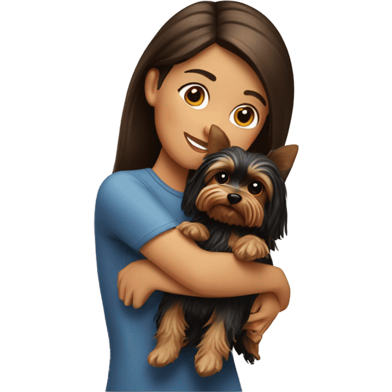 Brunette girl hugs yorkie dog emoji