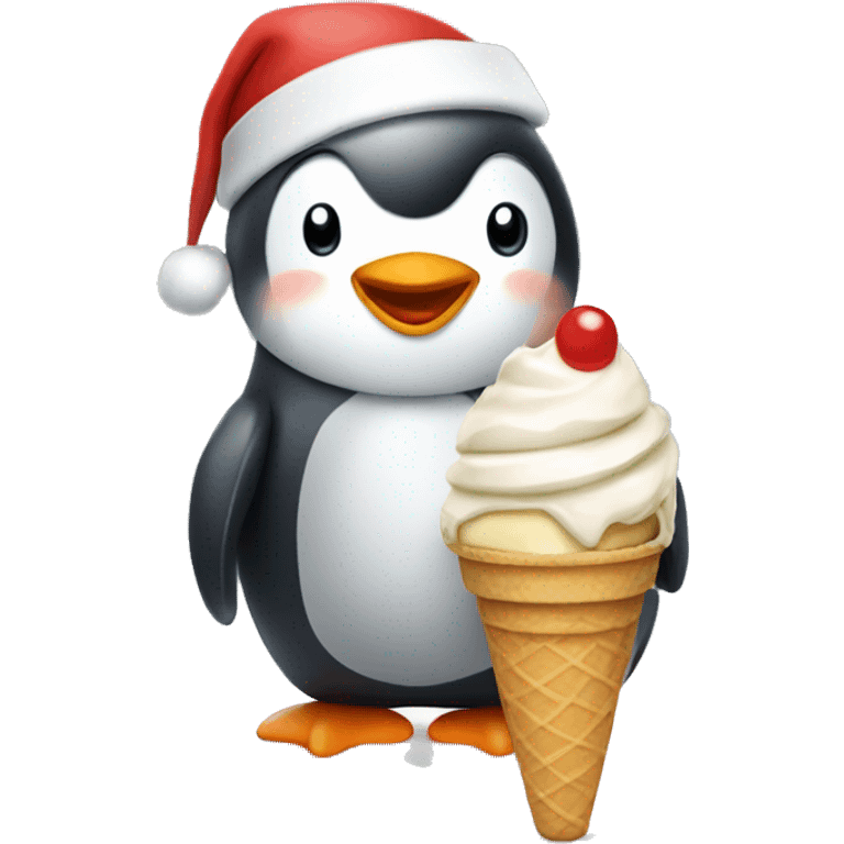 Very cute penguin wearing Santa hat eating ice cream  emoji