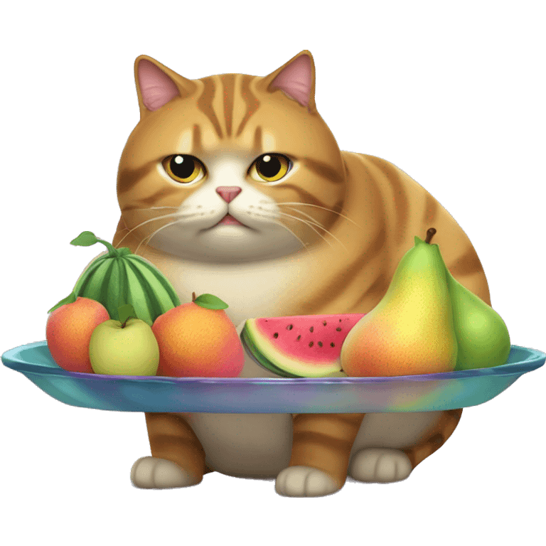 Fat Cat eating a iridescent fruit tray emoji