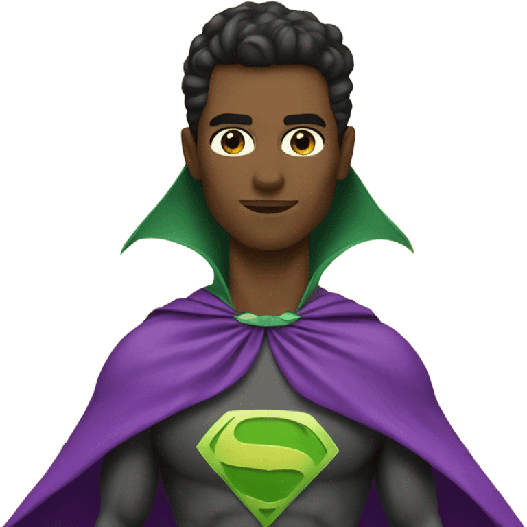 superhero with cape and dark brown hair and green eyes emoji