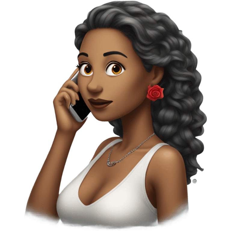 Hyper Realistic beautiful woman model with a small rose tattoo talking on a phone  emoji