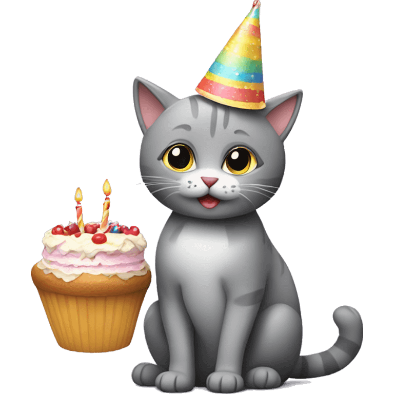 grey cat sitting holding a cake wearing a party hat emoji