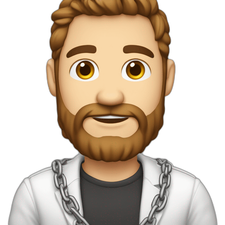 Hombre de mitad de cuerpo piel blanca cabello largo cafe con barba y cadena con dije de caballo grande en el cuello emoji