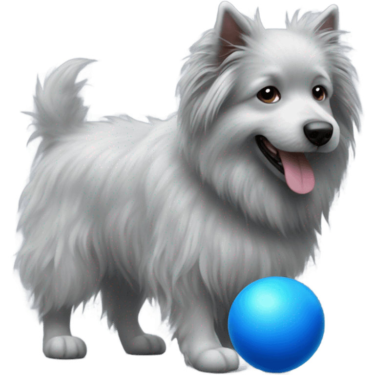 Realistic grey fluffy dog with blue ball emoji