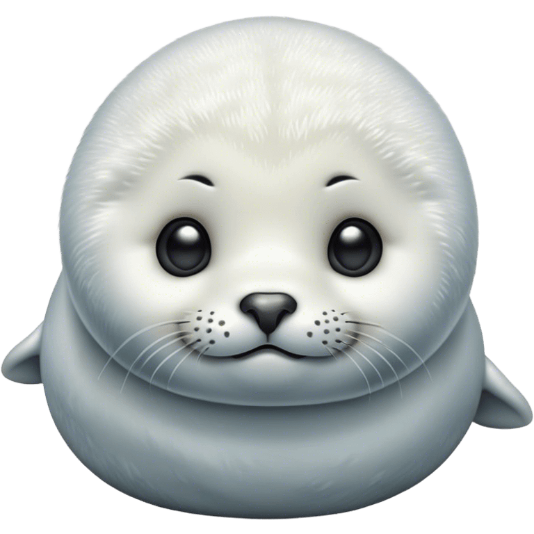 Cinematic Cute Baby Seal Portrait Emoji, Head tilted playfully and inquisitively, featuring a charming, pudgy body with velvety, damp fur, oversized round eyes brimming with innocent wonder, and a soft, cuddly face, Simplified yet irresistibly adorable features, highly detailed, glowing with a warm, frosty glow, high shine, affectionate and lively, stylized with a touch of whimsical polar magic, soft glowing outline, capturing the essence of a mischievous yet loving baby seal that seems as if it could waddle out of the screen into your arms! emoji