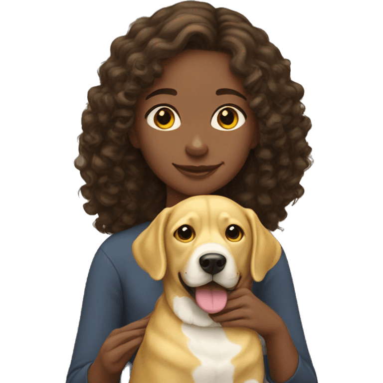 Curly brunette girl holding yellow lab emoji