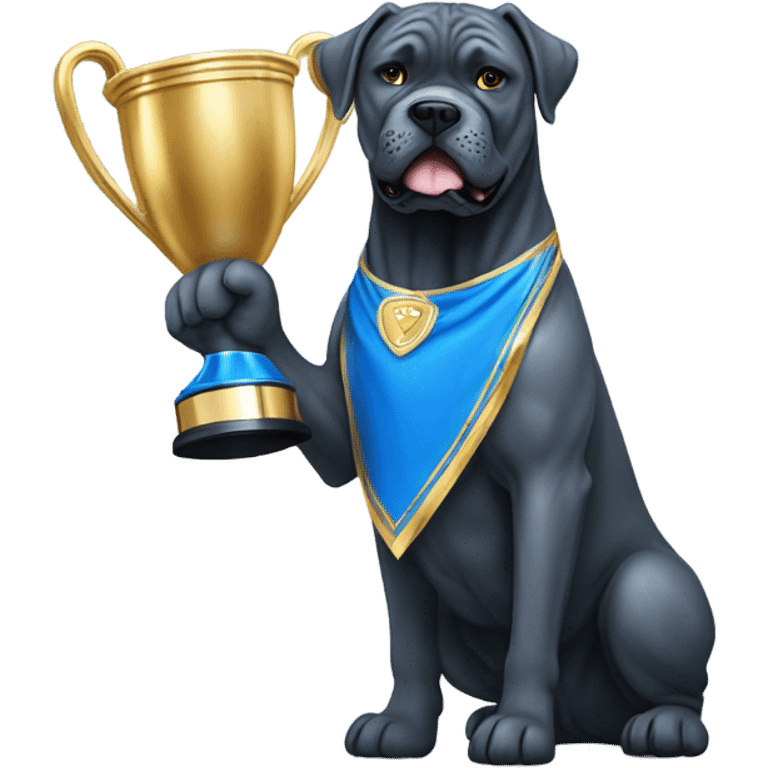 A happy Blue Cane Corso in a blue and gold holding a huge trophy. emoji