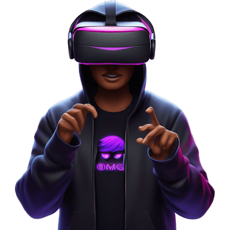 Donald Trump wearing a black hoodie with "OMG" letters on it and VR headset oculus quest 2 in a cyberpunk VR environment with violet neon lighting. emoji