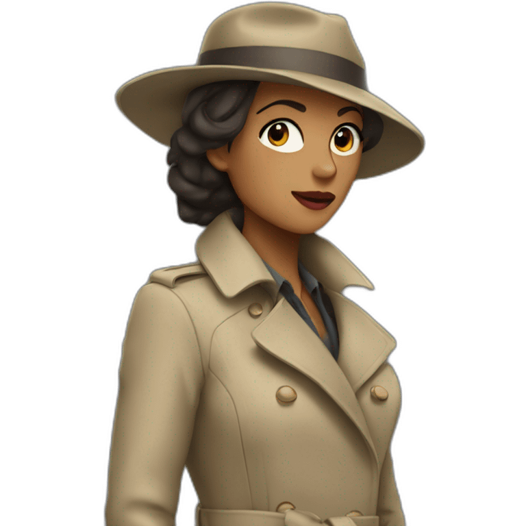 Woman in trench coat swallows emoji