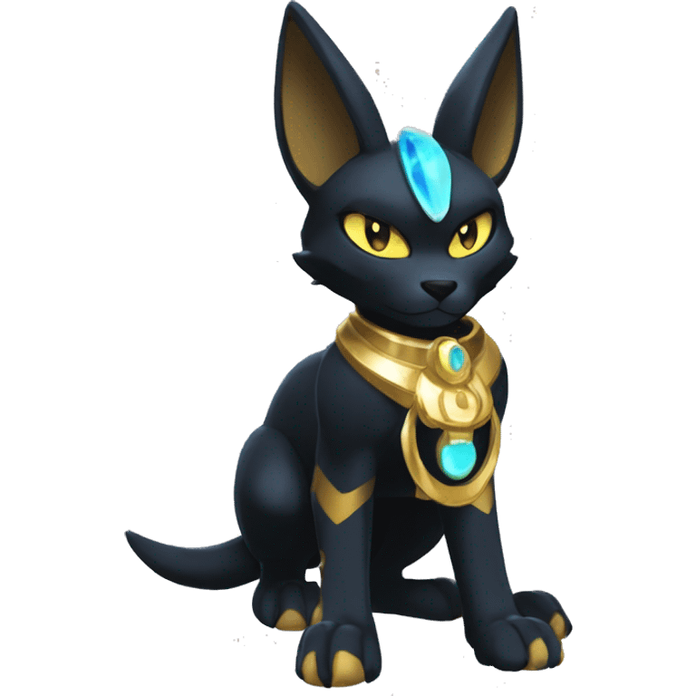 Black godly overpowered ethereal majestic Egyptian Lucario-Umbreon-Cat. Golden Anubis-Rings and yellow ring-markings. Full body emoji