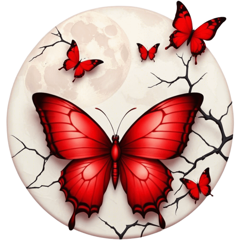  Blood red moon, crimson butterflies with cracked porcelain red wings in gothic style emoji