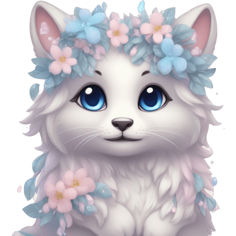 Anthro Cute Cool Blushing Pastel Innocent Shy Kawaii gorgeous sparkly ethereal fantasy animal creature with blue eyes furry sona with flowers and ribbons beautiful aesthetic emoji