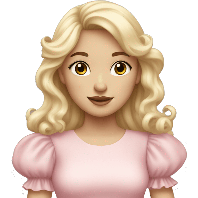 Blonde, pale girl with bangs and long, curly hair and a pastel pink puff sleeve dress emoji