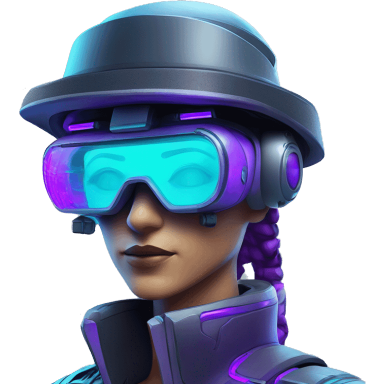 Secret humanoid agent in a futuristic hat with in Apple VR goggles headset code display on the goggles , cyberpunk, cyan and purple colors, only upper body portrait, front facing the camera  emoji