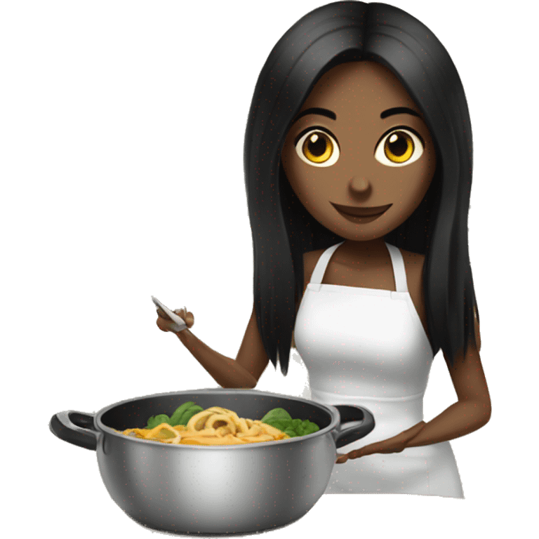 Pale girl with long black hair cooking dinner  emoji